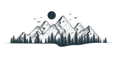 矢量孤立的插图与古老的岩石山剪影在日落森林树木。景观和风景背景。