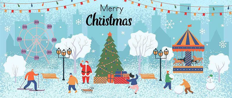 Merry Christmas greeting card. Winter in the park 