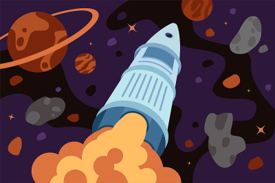 探索外太空的火箭。星系探索或旅行横幅。宇宙飞船在宇宙中穿越恒星和行星飞行。系外行星搜索，发现和殖民概