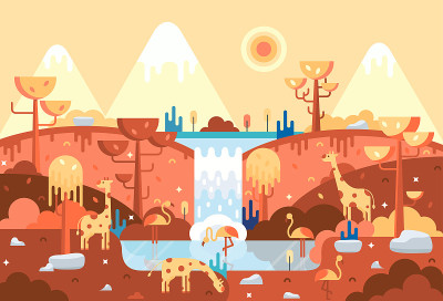 平面卡通全景插图，长颈鹿和粉红色火烈鸟在湖上，非洲景观