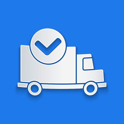 Paper cut Delivery truck with check mark icon isol