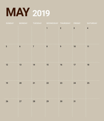 2019年5月台历矢量插图