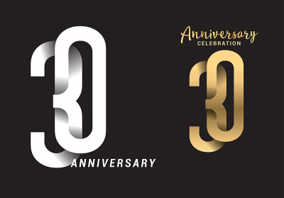 30周年庆典标志设计。周年纪念标志剪纸字母和典雅的金色孤立在黑色的背景，矢量设计的庆祝，邀请卡，问候