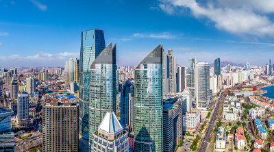 航拍中国青岛沿海城市建筑景观