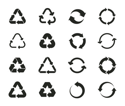 一组回收图标。回收标志。旋转的箭头。重用周期。向量eco图标
