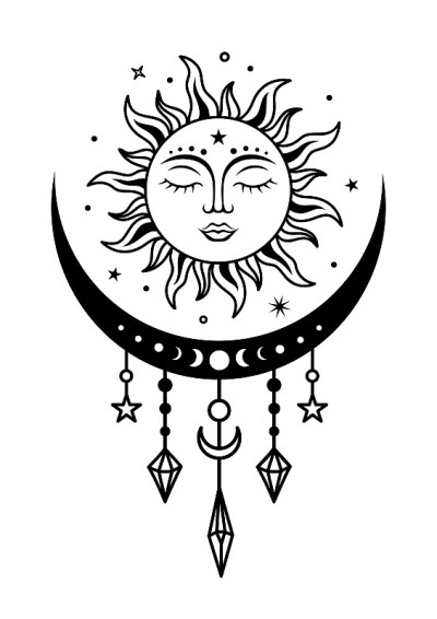 月亮和太阳的神秘象征。矢量天体插图。放荡不羁的轮廓设计。