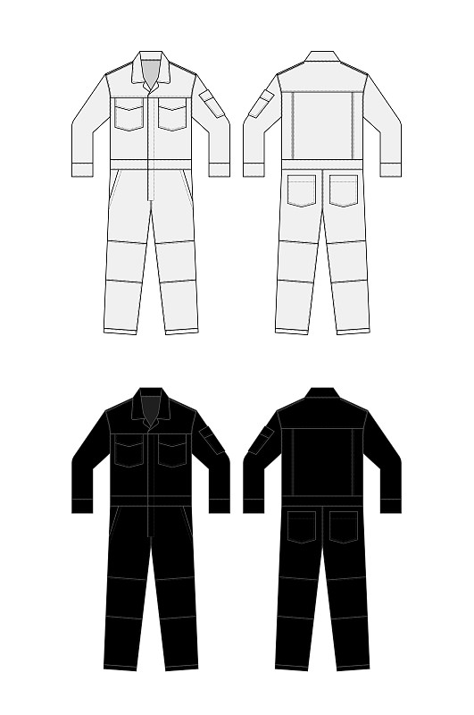 长袖工作服(连身衣，Boilersuit)模板矢量插图集