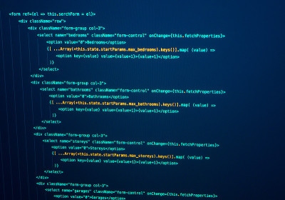 Javascript代码的反应。软件源代码。电脑屏幕上的程序代码。技术背景