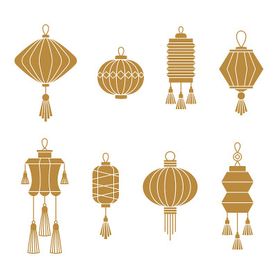 Chinese paper lanterns set. Flat vector golden ico
