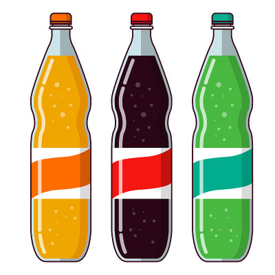 可乐瓶玻璃。柠檬水的塑料瓶。橘子汽水。冷饮。平面向量的卡通。