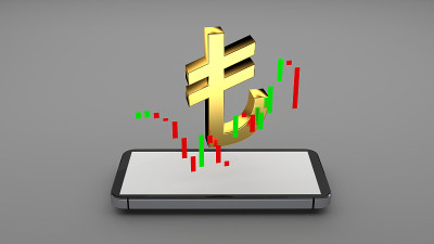 土耳其里拉TRY和股票图表在智能手机屏幕上流动。财务和商业概念3D渲染