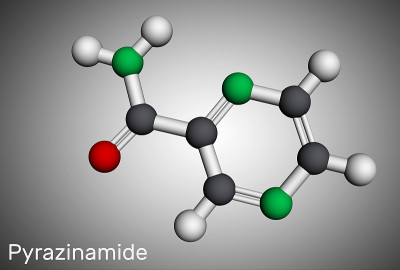 吡嗪酰胺分子。它是抗结核药物，是结核病治疗的一个组成部分。分子模型。三维渲染