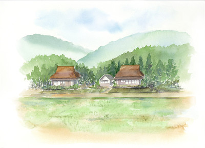 村庄景观的水彩插图。