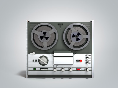 旧的便携式卷轴到卷轴管磁带录音机3d渲染在灰色