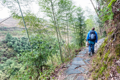 游客在绿色山坡上的湿道上行走