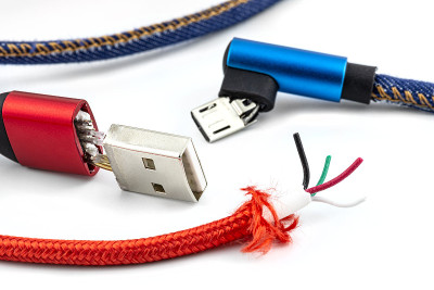 微距拍摄USB 2.0 a - type和Micro-B电缆的红色和蓝色损坏端，在白色背景上隔离。