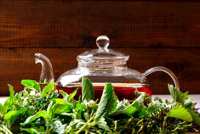 玻璃茶壶草药茶和各种草药