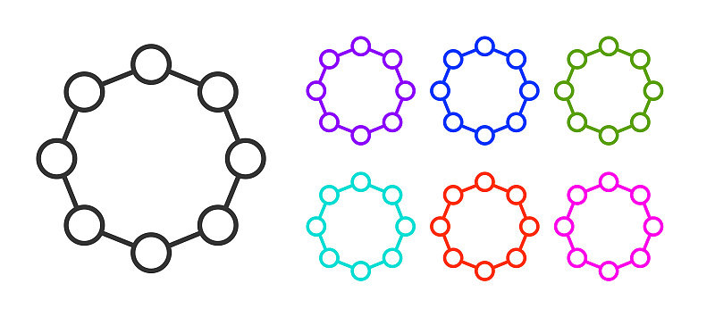 黑线化学公式图标孤立在白色背景上。六边形用于创新医学、健康、研究和科学。设置图标丰富多彩。向量