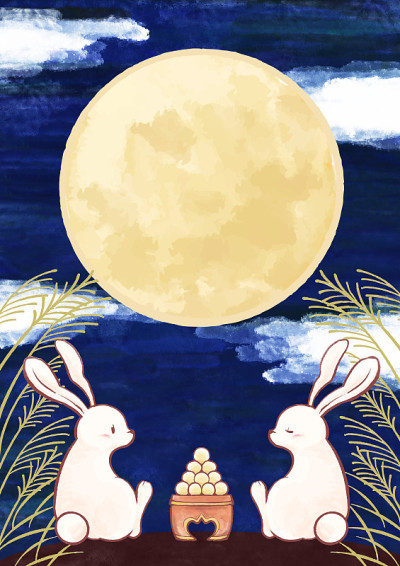 手写体月亮见插图水彩画十五夜满月超级月亮兔子饺子背景材料
