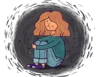 一个年轻女子在沮丧和悲伤坐在地板上拥抱自己的插图。象征着欺凌、嘲笑和苦难