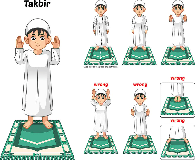 穆斯林祈祷位置指南一步一步由男孩执行