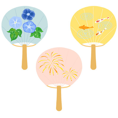 日本扇套、烟花、牵牛花和鱼