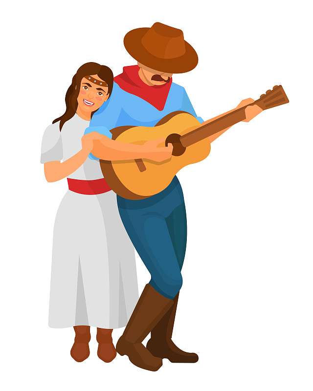 Character cowboy playing the guitar next to a beau