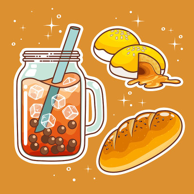 饮料和甜品。手绘集。