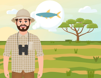 Happy man in cork hat, animal hunter thinks aleste