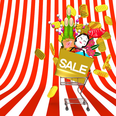 新年装饰品和购物车条纹图案