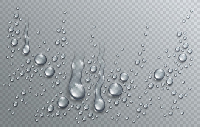 水雨滴或凝结在淋浴逼真透明的三维矢量组成在透明检查网格，容易把任何背景或使用单独的水滴。