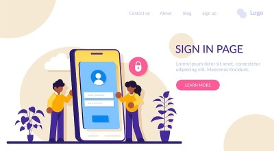 登录页面界面概念。用户登录表单，UI，新帐户注册。保护信息。现代平面插图。