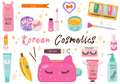 向量美集。化妆化妆工具和韩式化妆品。美容产品系列