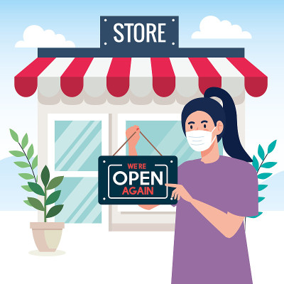 再开业检疫后，妇女用重新开业的标签，我们又开业了，店店门面