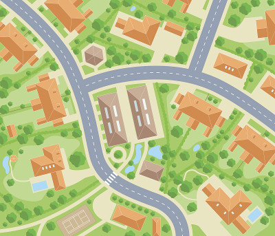 社区道路和房屋矢量鸟瞰图