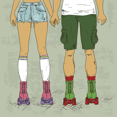 复古插图与女孩和男孩溜冰鞋