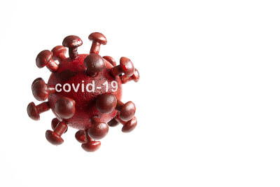 冠状病毒模型与单词covid-19，红白背景