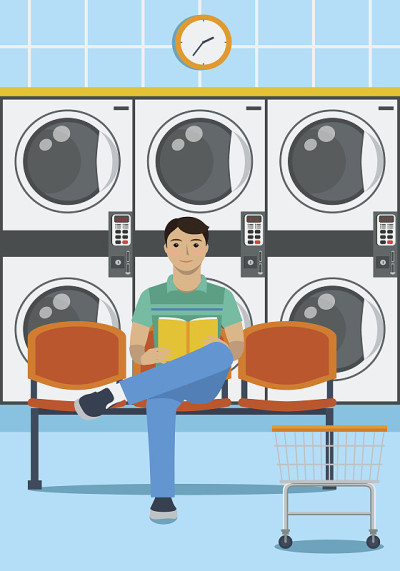 Illustration of a sitting man in loundromat.