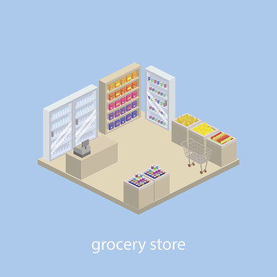 杂货店等距三维矢量插图