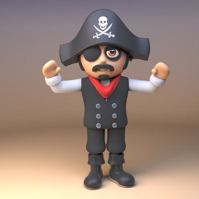 海盗船长戴着眼罩，欢呼着，3d插图