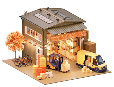 仓库建筑内部和叉车