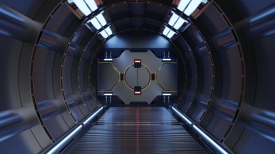 科学背景小说室内渲染科幻飞船走廊蓝光。
