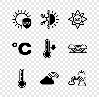 集防紫外线、太阳与雪花、气象温度计、彩虹与云、太阳与云、摄氏与图标。向量