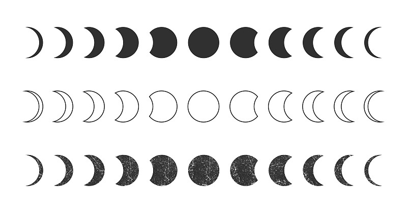 月亮相位天文图标剪影符号集。满月和新月标志标志。矢量插图。孤立在白色背景上。