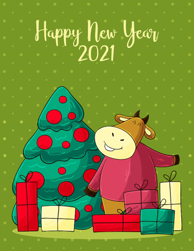 2021新年快乐儿童插画。中国新年牛年2021年