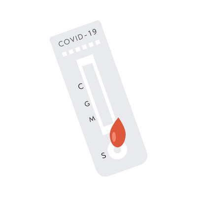 Covid-19滴血快速检测试剂盒。冠状病毒表达抗体检测说明。图标电晕检测过程与血液样本。矢量插图孤
