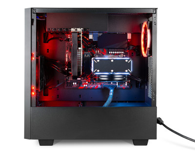 现代黑色桌面游戏PC与红色led灯风扇空气冷却器隔离白色背景。计算机硬件技术概念
