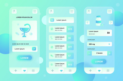医疗服务neumorphic元素包移动app。在线药房，药品清单与价格，支付。UI, UX, GUI