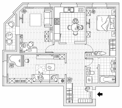 轮廓向量的简单家具平面，平面符号作为建筑设计元素。一组孤立在白色背景上的图标集合。