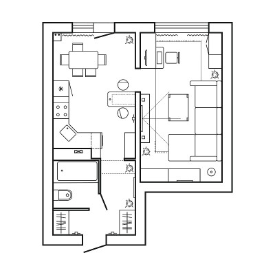 房屋的建筑平面图。一套标准家具图标。